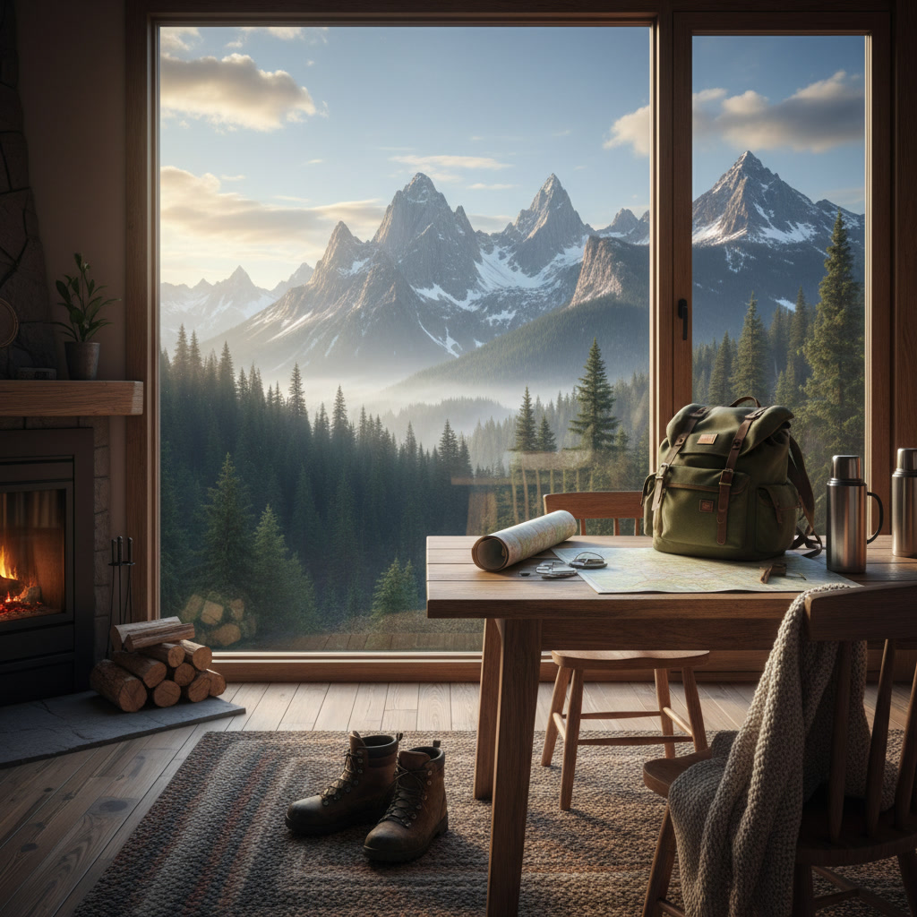 alt_text: Cozy cabin with hiking gear on table, mountain views through window, evoking outdoor adventure.