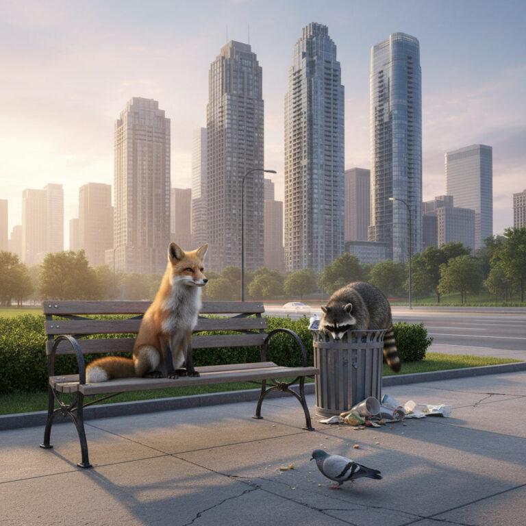 Urban animals—fox, raccoon, pigeon—thrive amid city parks, trash bins, and high-rise buildings.