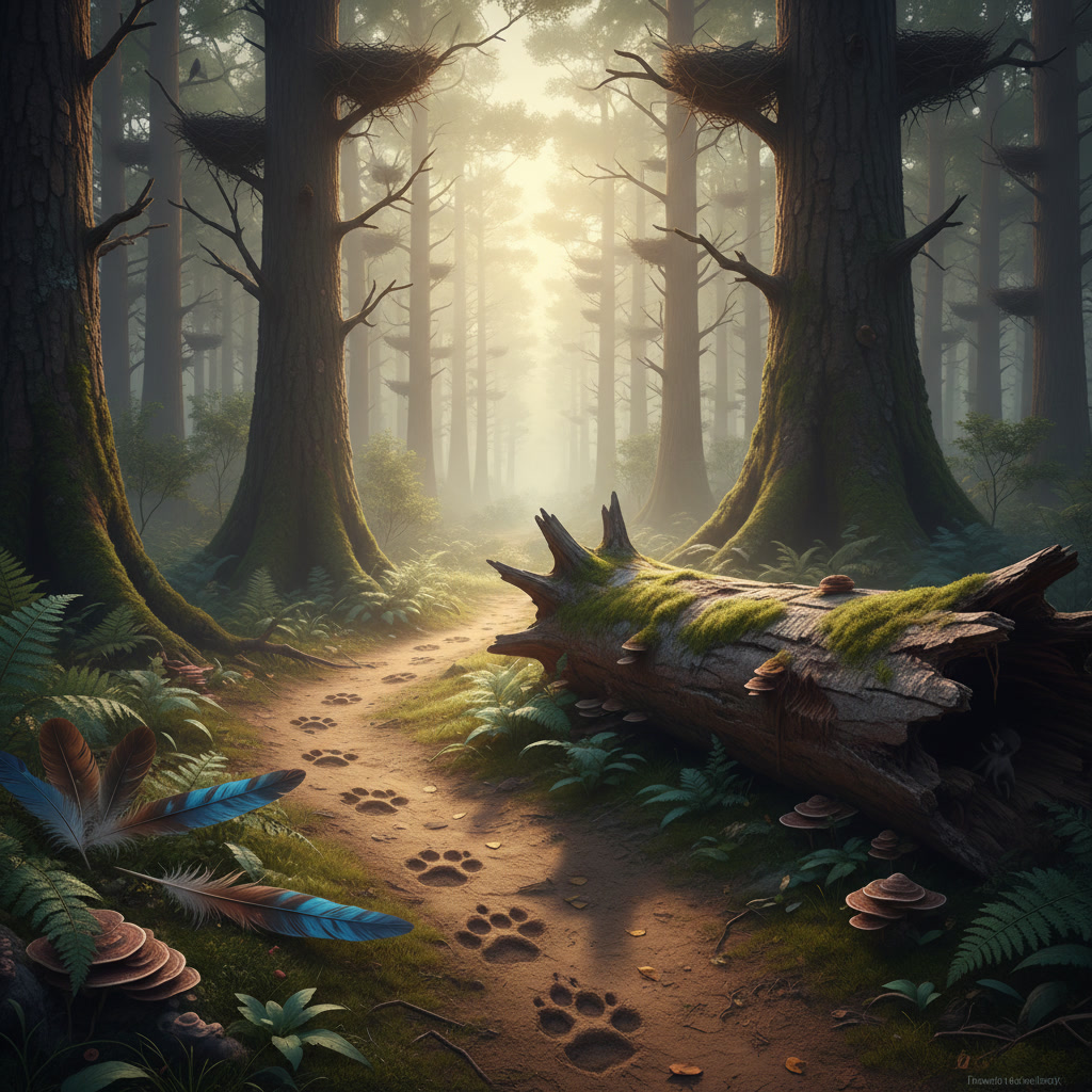 alt_text Wolf paw prints and feathers in a misty forest clearing at sunrise, hint at hidden animal activity.