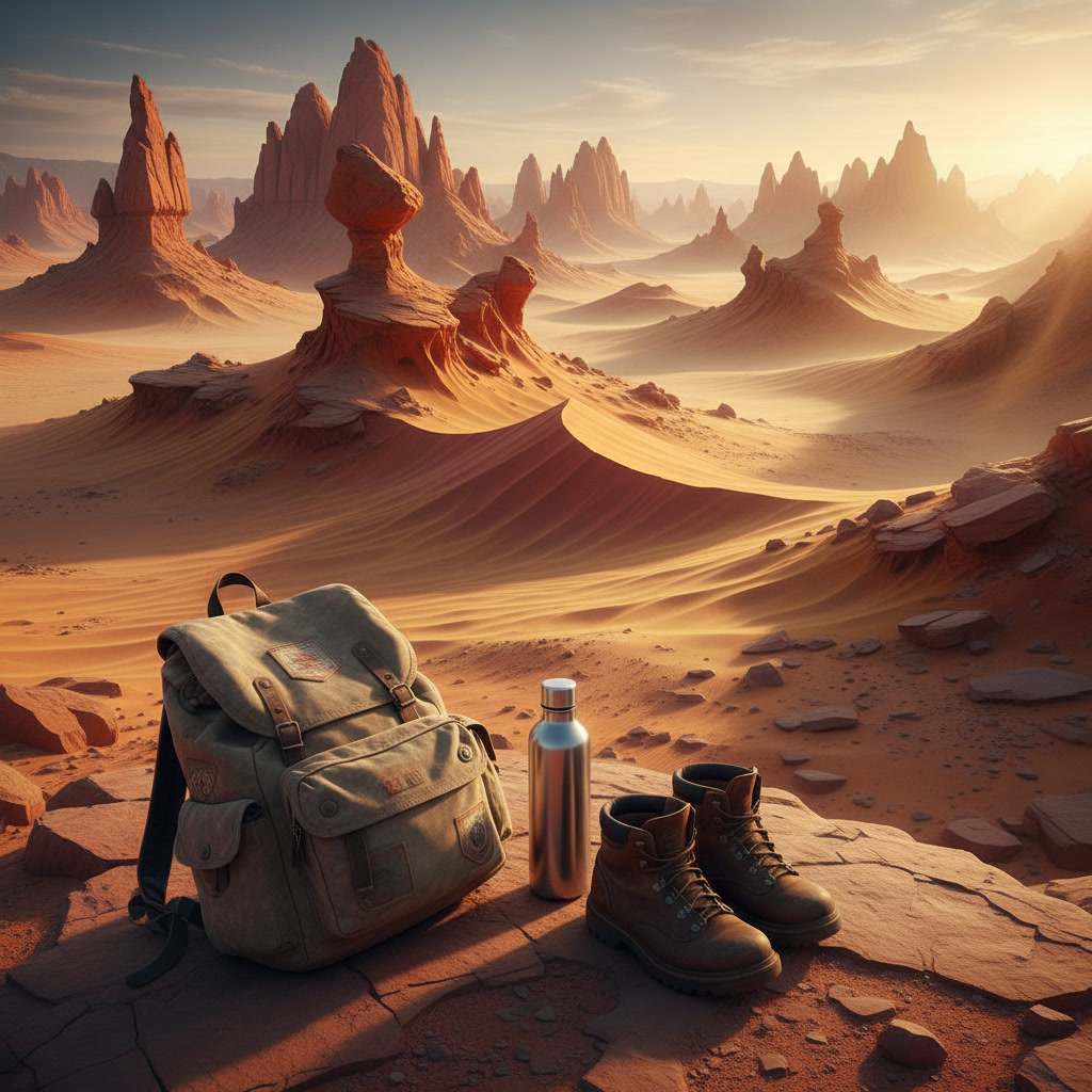 alt_text: Hiking gear rests on a sunlit desert rock amid surreal red dunes and rugged formations at sunrise.