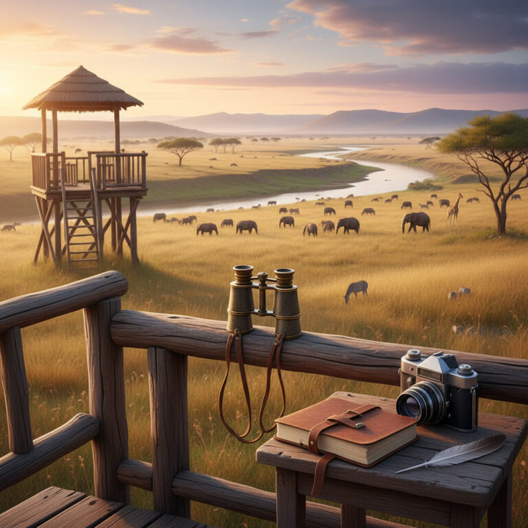alt_text: Binoculars and camera on an observation post overlook grazing wildlife in a sunlit grassland.